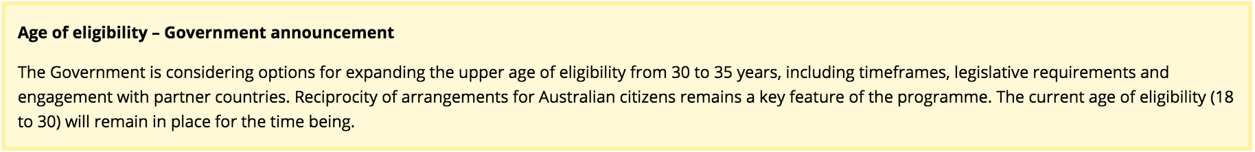 Idade limite do Working Holiday Visa Austrália