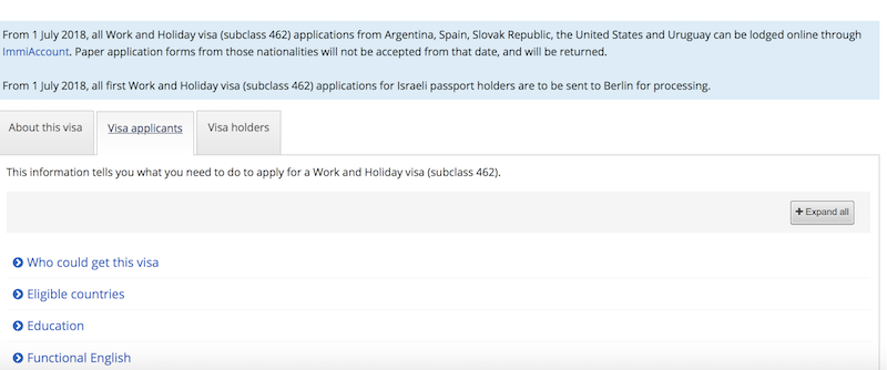 aplicar online para o Work and Holiday Visa 462